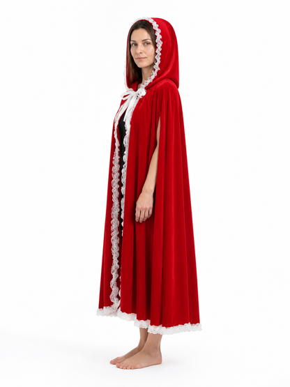 Red Hooded Cape with White Lace for Halloween side view