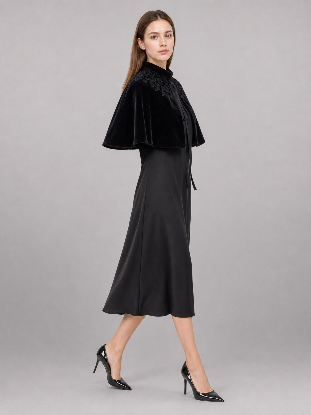 Black costume cape with collar and ties