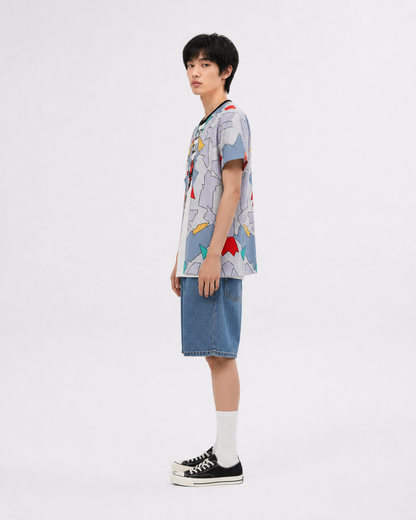T-shirt with a demon print and colorful inserts side view
