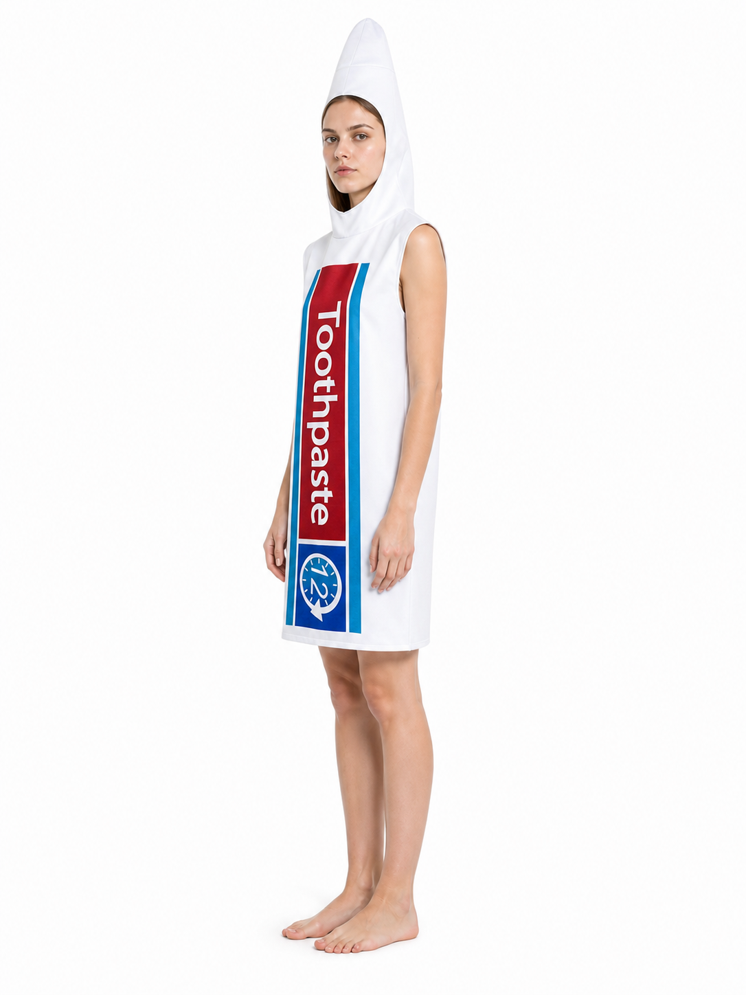White, Red, and Blue Toothpaste Tube Costume side view