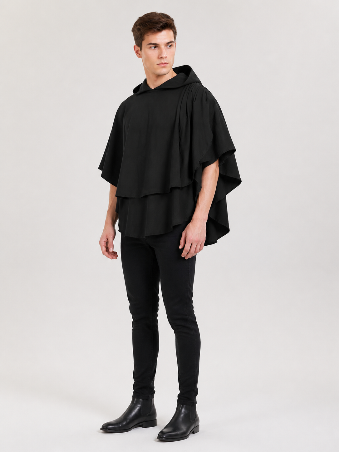 Women's Gothic Hooded Cape Cloak for Halloween Cosplay, Black Flowing Draped side view