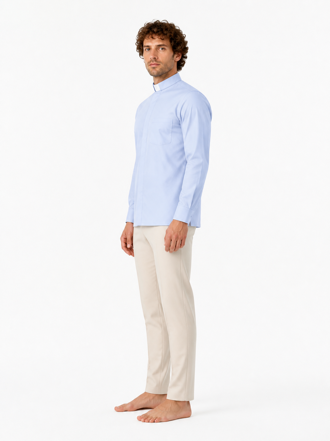 Blue Stand-Collar Long-Sleeve Shirt with Pocket side view