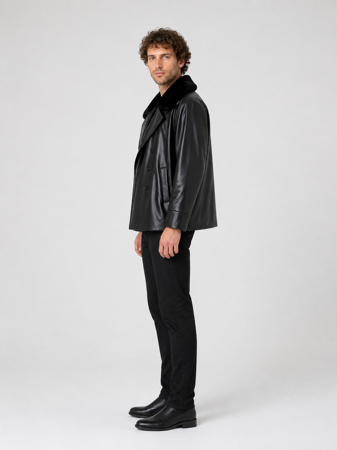 Black Jacket with a Wide Fur Collar side view