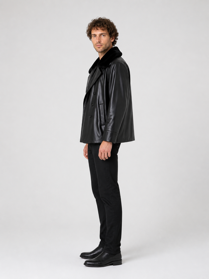 Black Jacket with a Wide Fur Collar side view