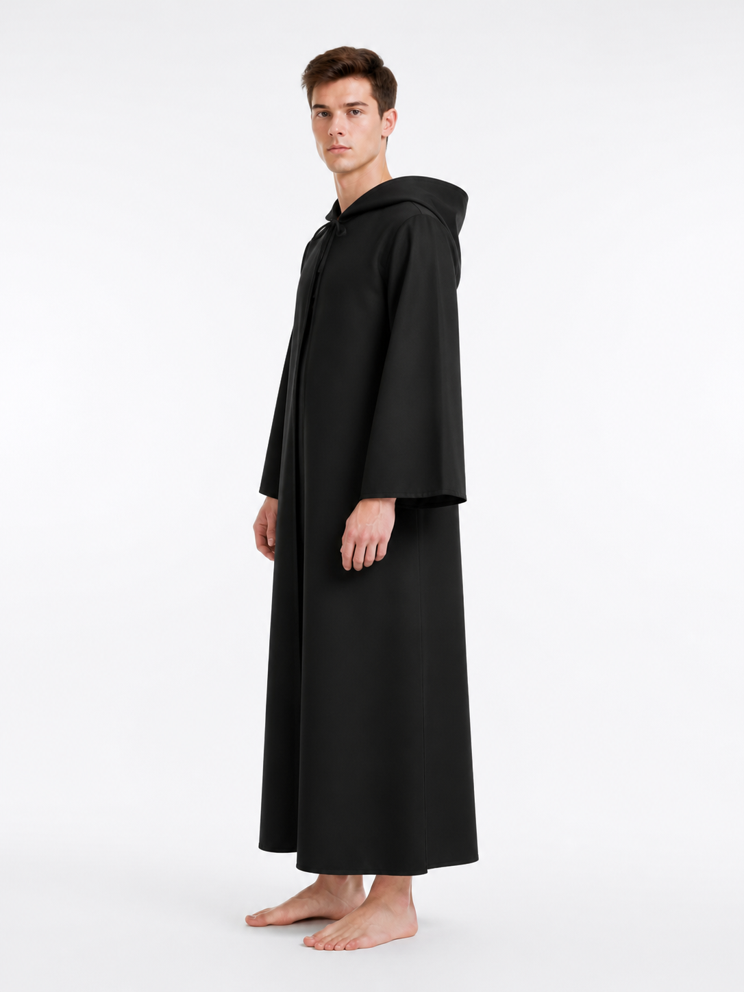 Long Black Hooded Cloak for Halloween side view