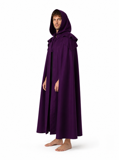 Long Purple Gothic Hooded Cloak with Ties side view
