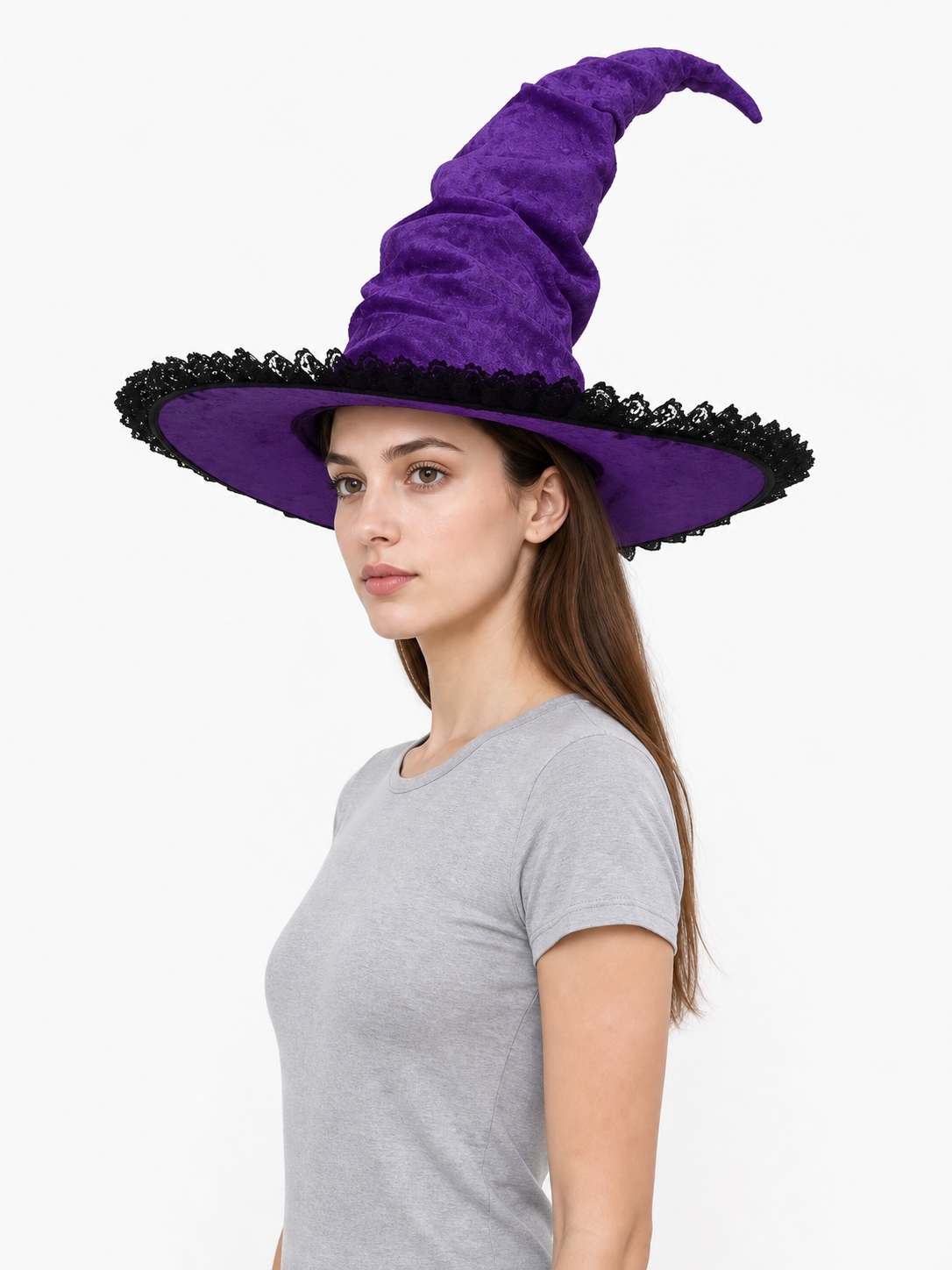 Purple Halloween Witch Hat Pointed Wide Brim Gothic Costume Accessory With Black Lace-Like Trim For Cosplay Themed Parties