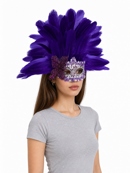 Carnival headdress with feathers and a mask