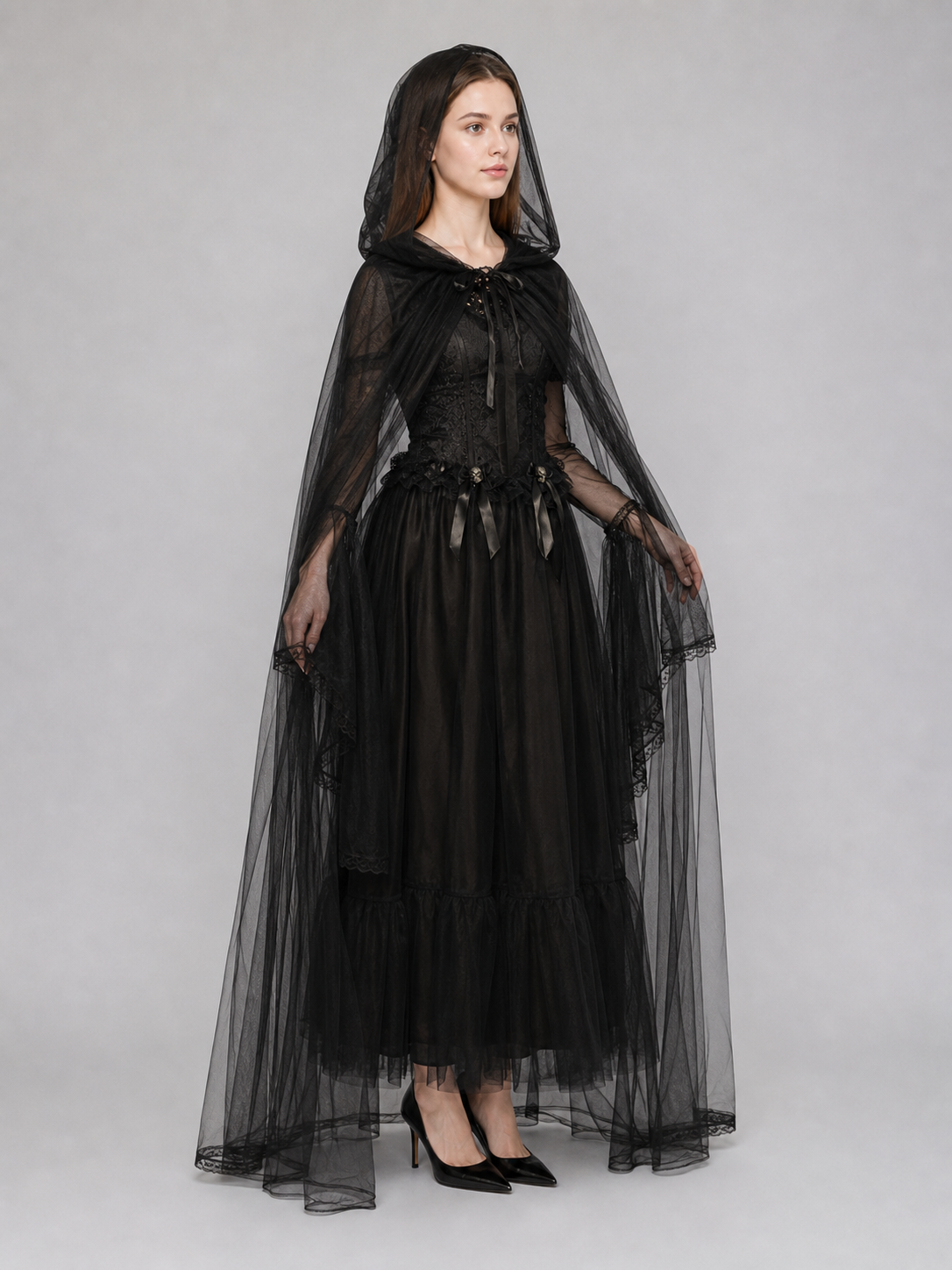 Gothic hooded costume with a semi-sheer cape