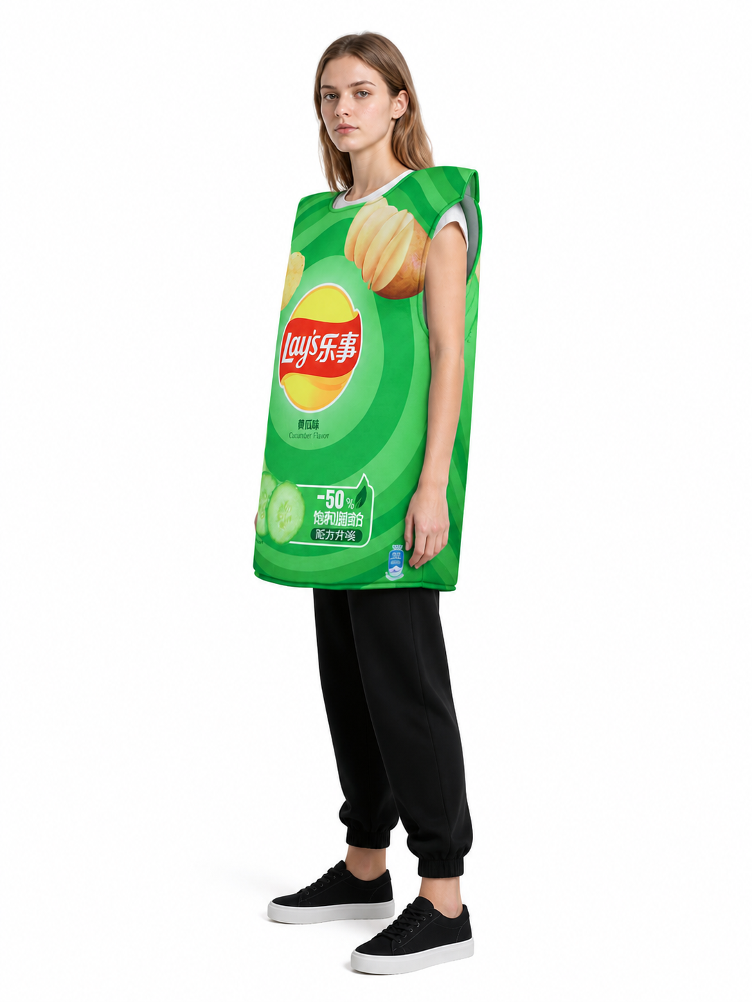 Costume in the shape of a Lay’s potato chip bag with a cucumber print side view