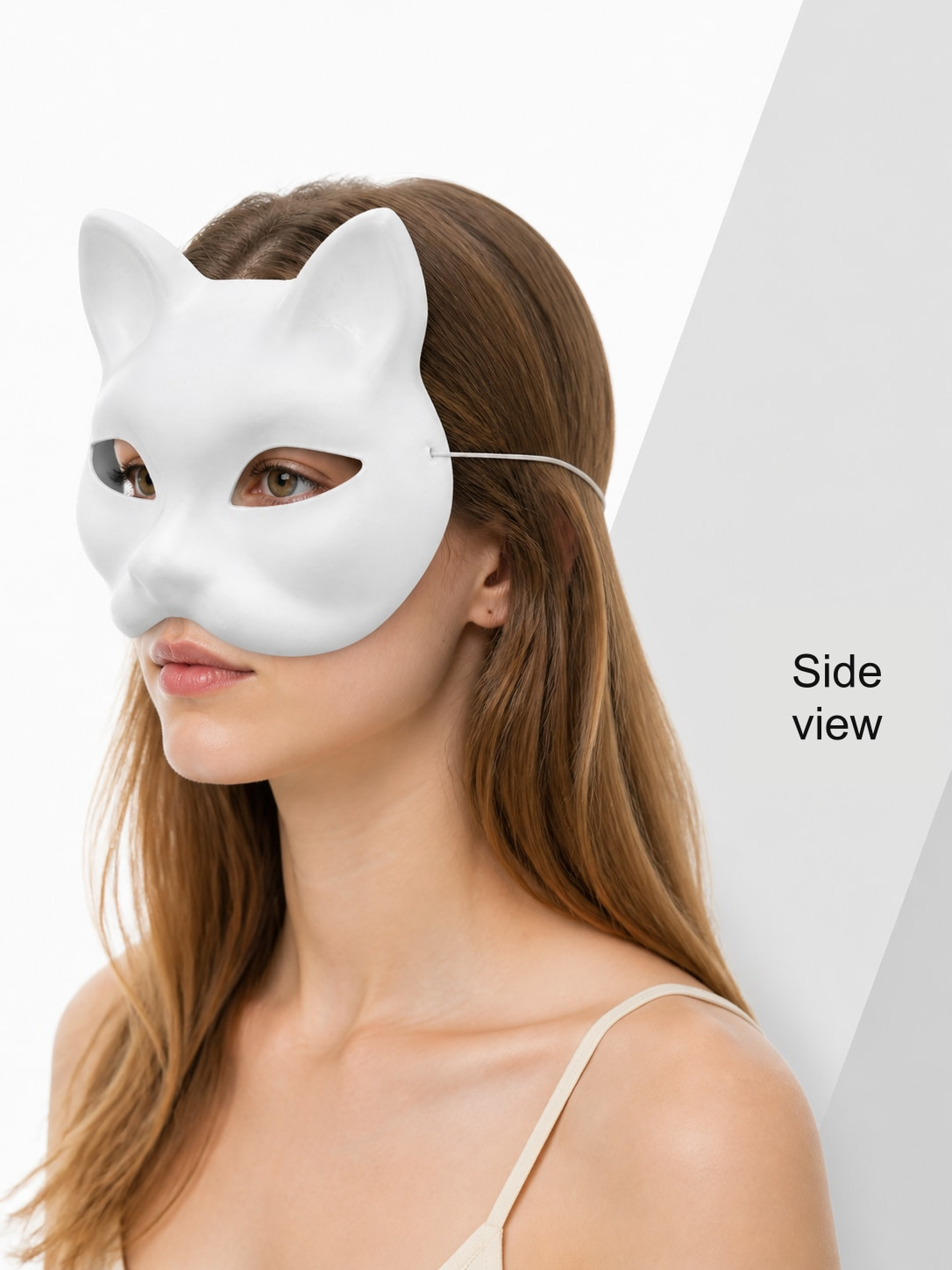 Side view of a white cat half mask worn over the eyes and nose