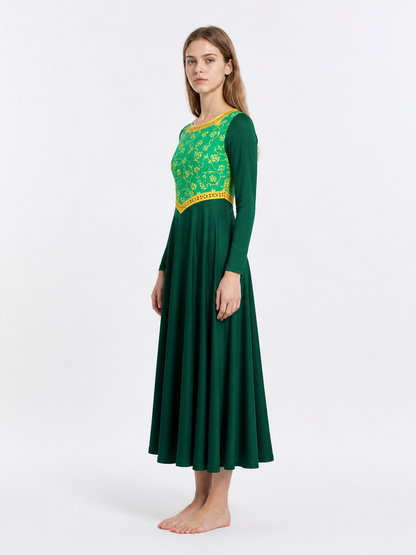 Long Princess Fiona Green Dress with Belt for Cosplay side view