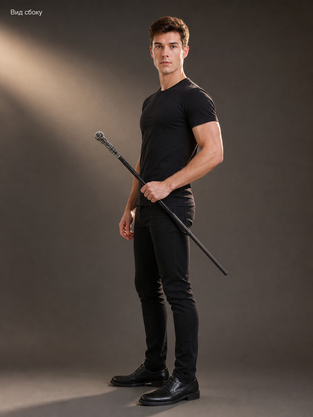 Prop cane with a silver carved handle, in a black-and-silver color scheme with a retro and gothic style