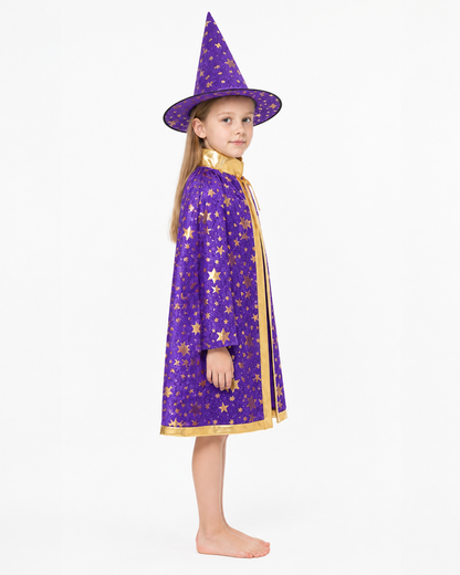 Costume Set with Cape and Hat, Purple with Gold Stars side view