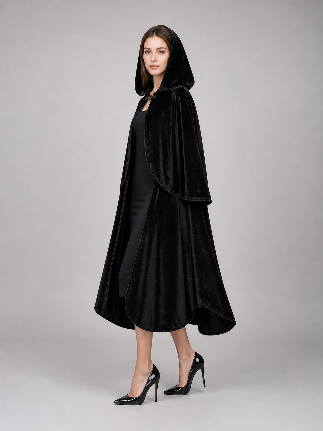 Black Hooded Carnival Cape, Flowing