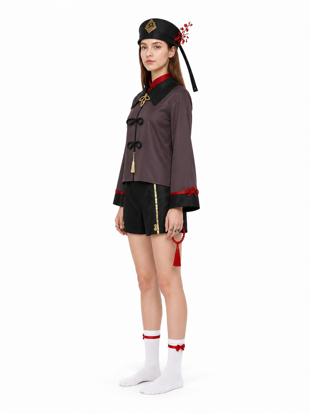 Hu Tao Cosplay Costume with Red Scarf and Gold Details side view