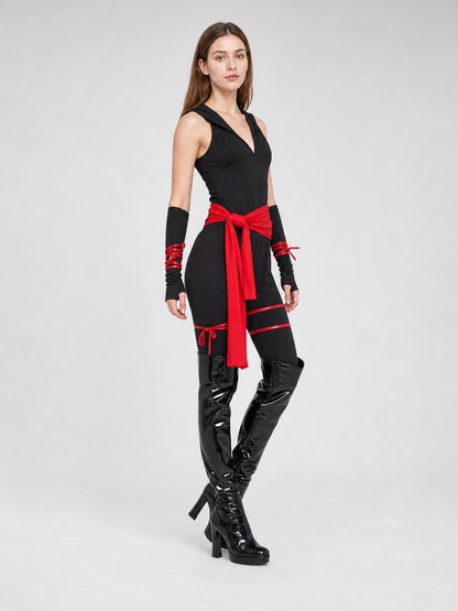 Ninja Costume with Mask and Red Belt