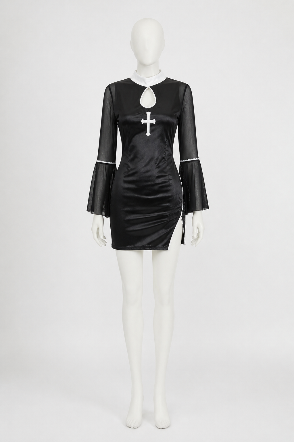 Black Nun Costume Dress with White Cross and Lace side view