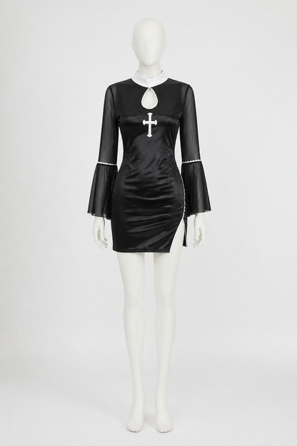 Black Nun Costume Dress with White Cross and Lace side view