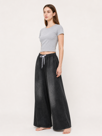Solid Black Wide-Leg Pants with Elastic Waist and Contrast White Drawstrings side view 2