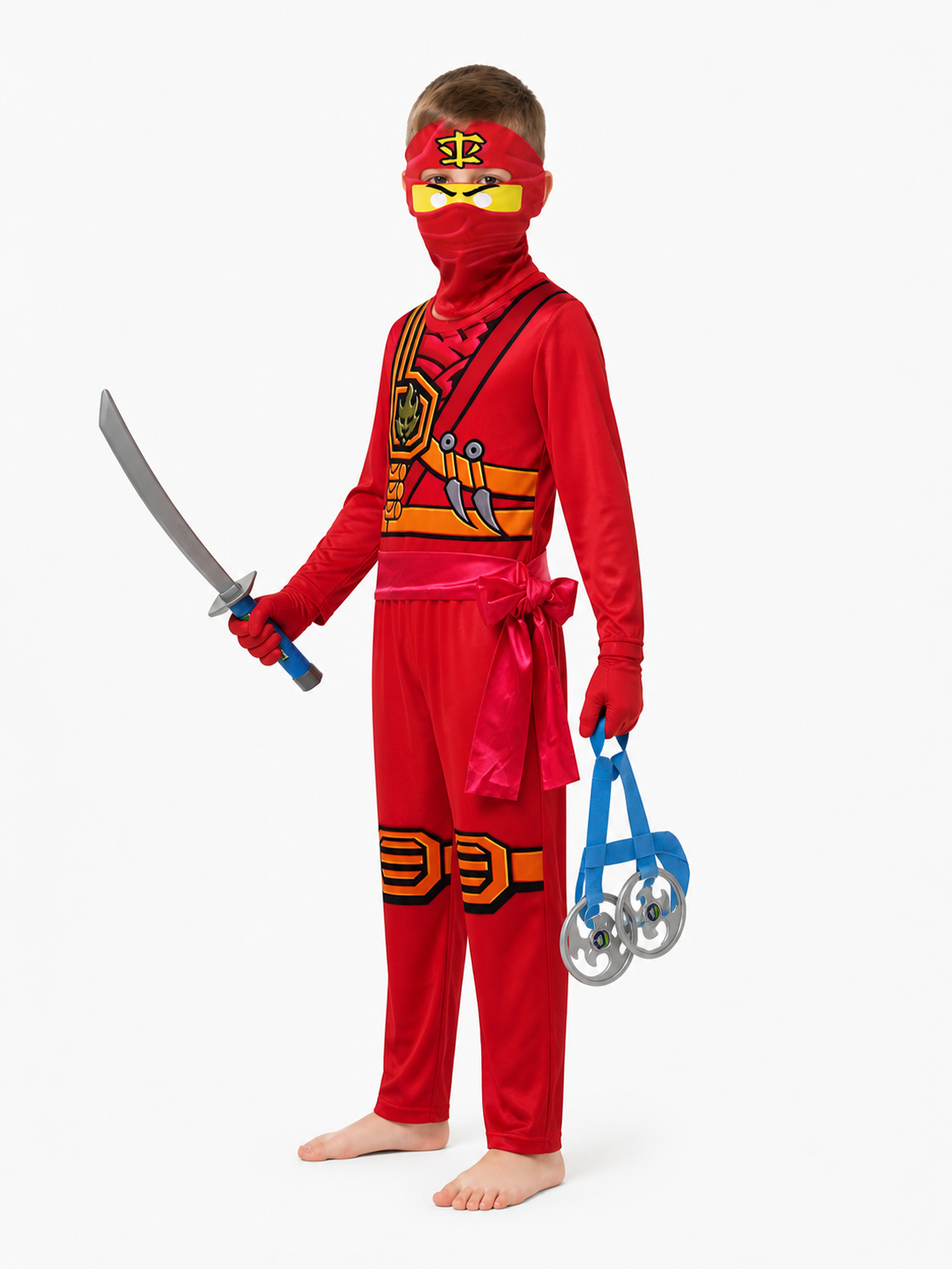 Red Ninja Costume with Sword and Mask for Parties side view