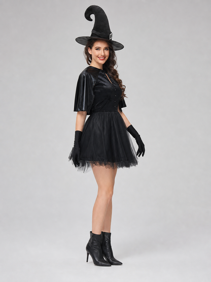 Witch Costume: Dress with Full Skirt, Hat, and Gloves