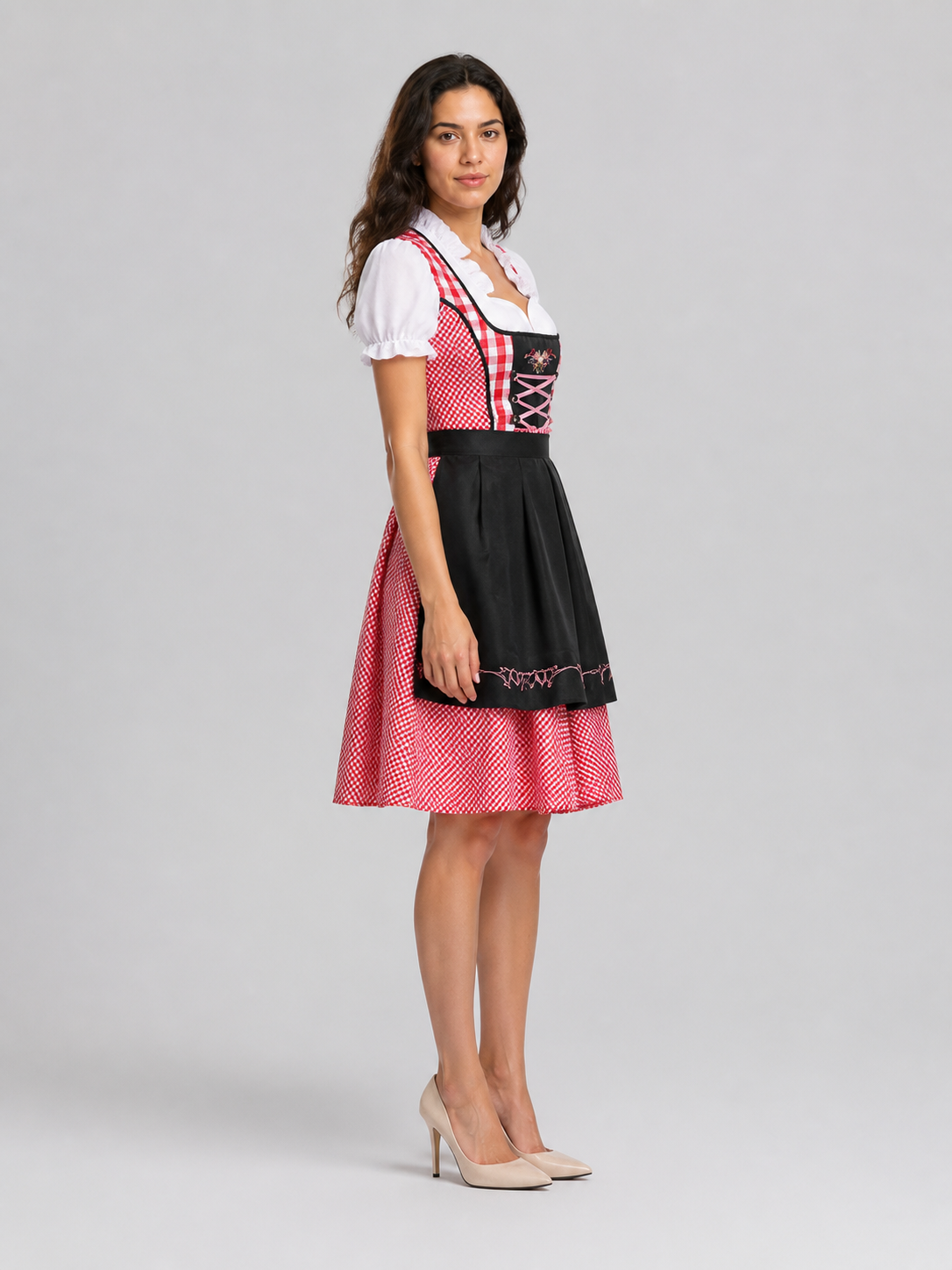 Plaid Dress with Apron-Style Panel and Puff Sleeves side view