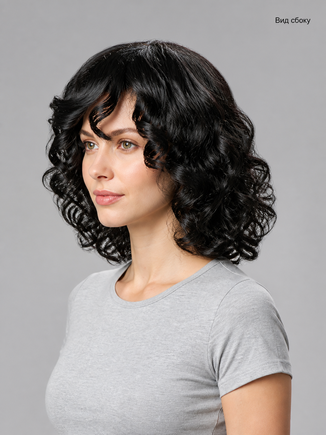 Black Carnival Wig with Curls and Side-Swept Bangs side view