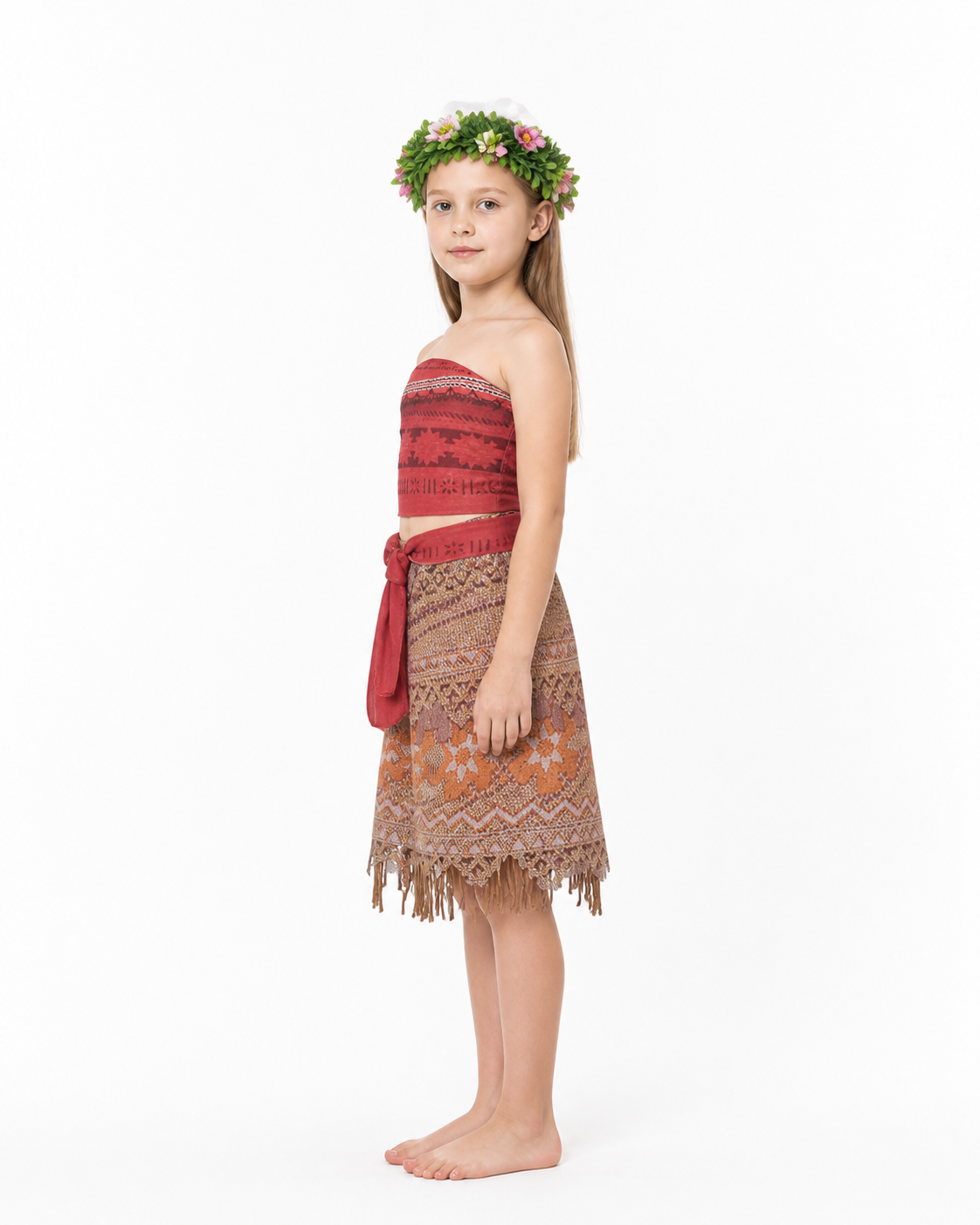 Moana Costume with Skirt, Top, and Flower Crown side view