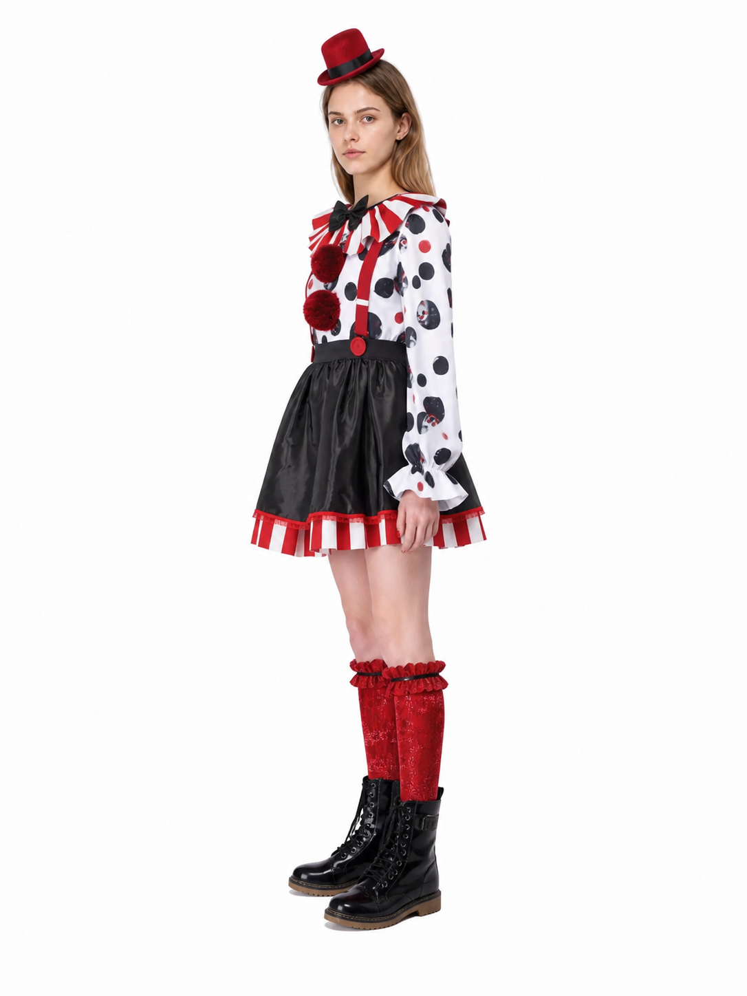 Children's Clown Costume with a Full Skirt and Red Pom-Poms side view