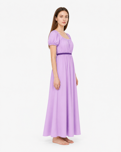 Purple Dress with Puff Sleeves and a Long Skirt side view