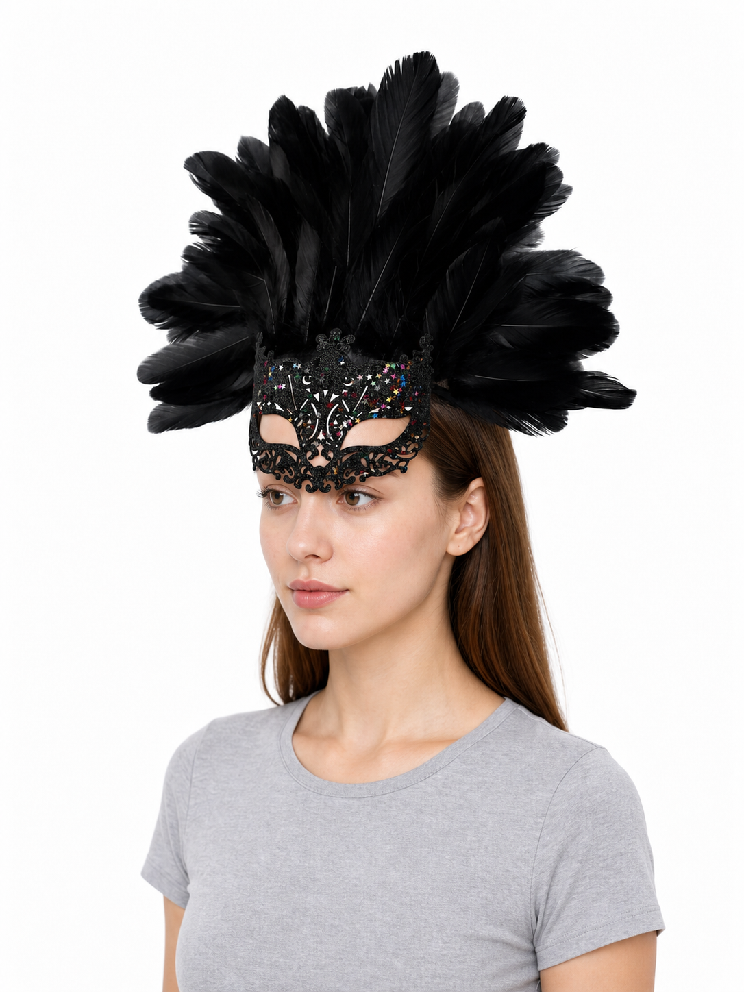 Masquerade Mask with Black Feathers and Glitter