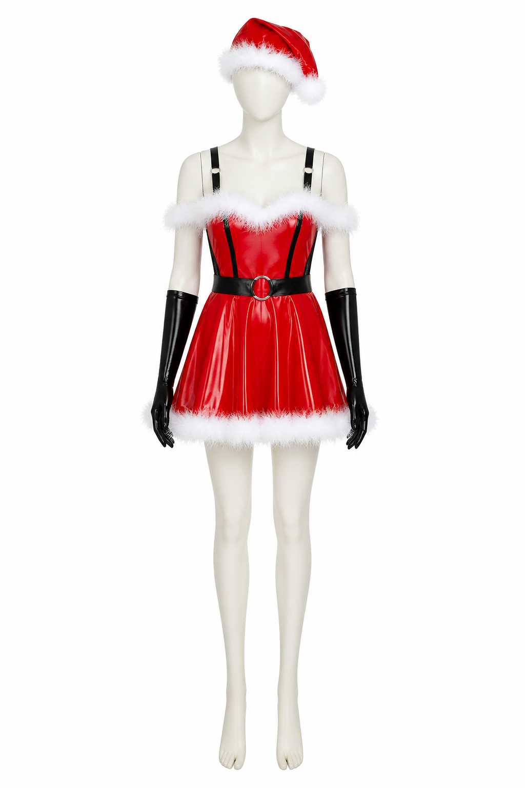 Red New Year's Costume with White Fur Trim and Belt side view