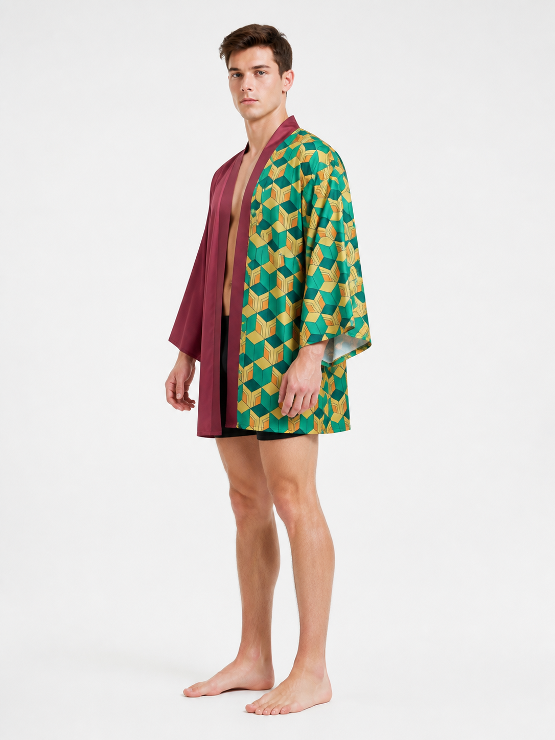 Long Kimono with a Geometric Pattern and Wide Sleeves side view