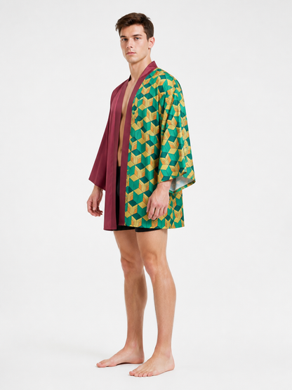 Long Kimono with a Geometric Pattern and Wide Sleeves side view