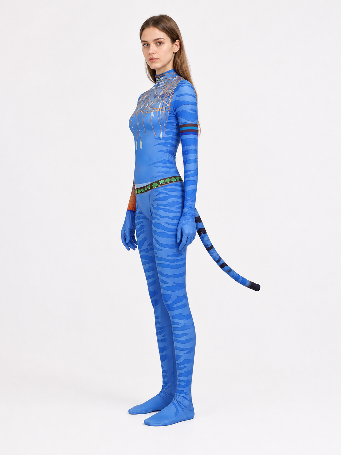 Cosplay jumpsuit with tail and high collar side view