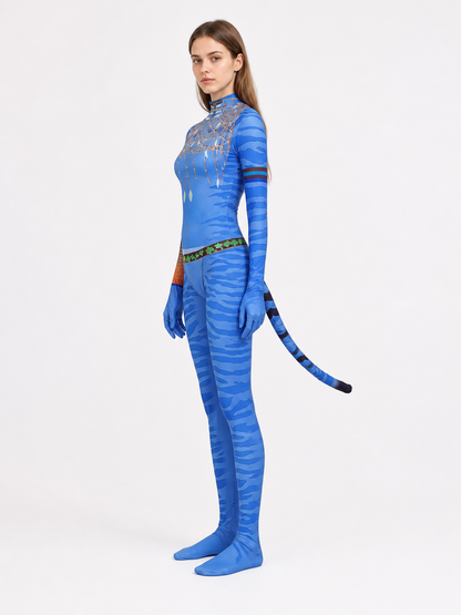 Cosplay jumpsuit with tail and high collar side view