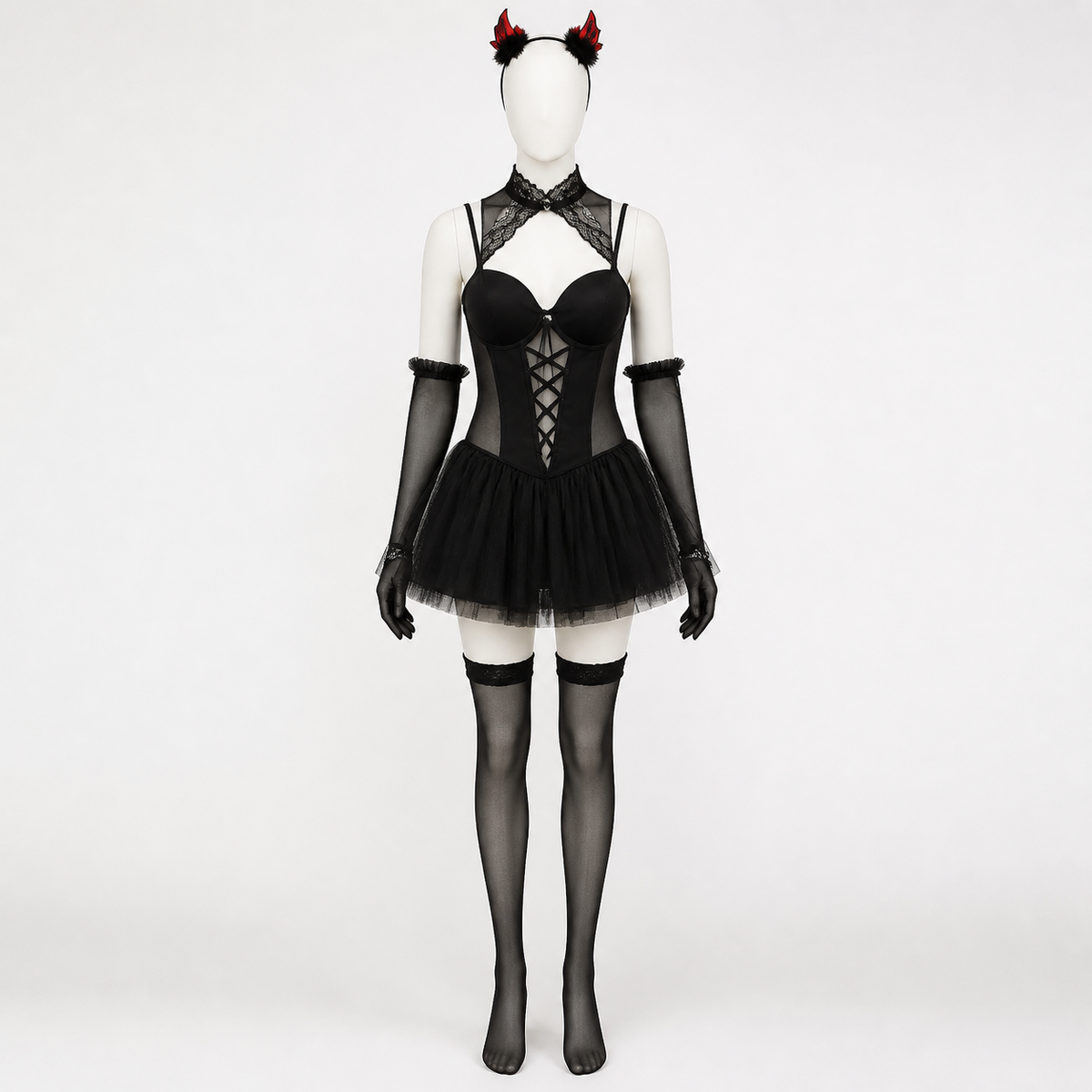 Black Devil Costume with Horns and a Flared Skirt side view