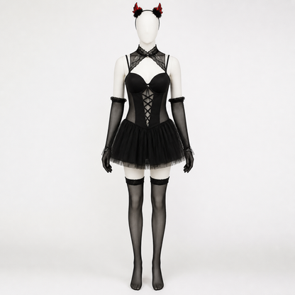 Black Devil Costume with Horns and a Flared Skirt side view
