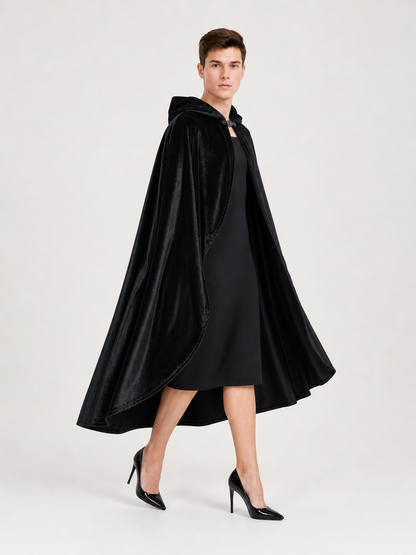 Black Hooded Carnival Cape, Flowing