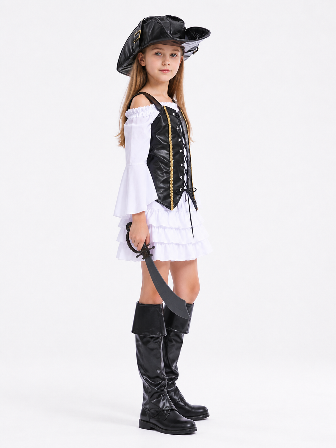 Children's Pirate Costume with Ruffled Skirt and Vest side view