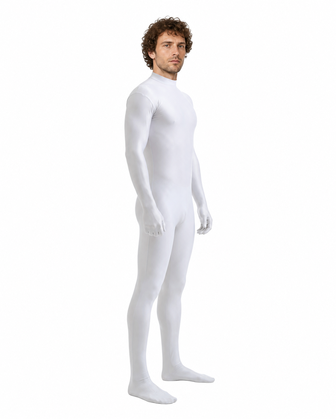White Form-Fitting Zentai Jumpsuit with High Collar side view