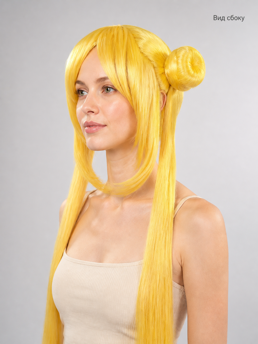 Gold-Colored Carnival Wig with Double Buns side view