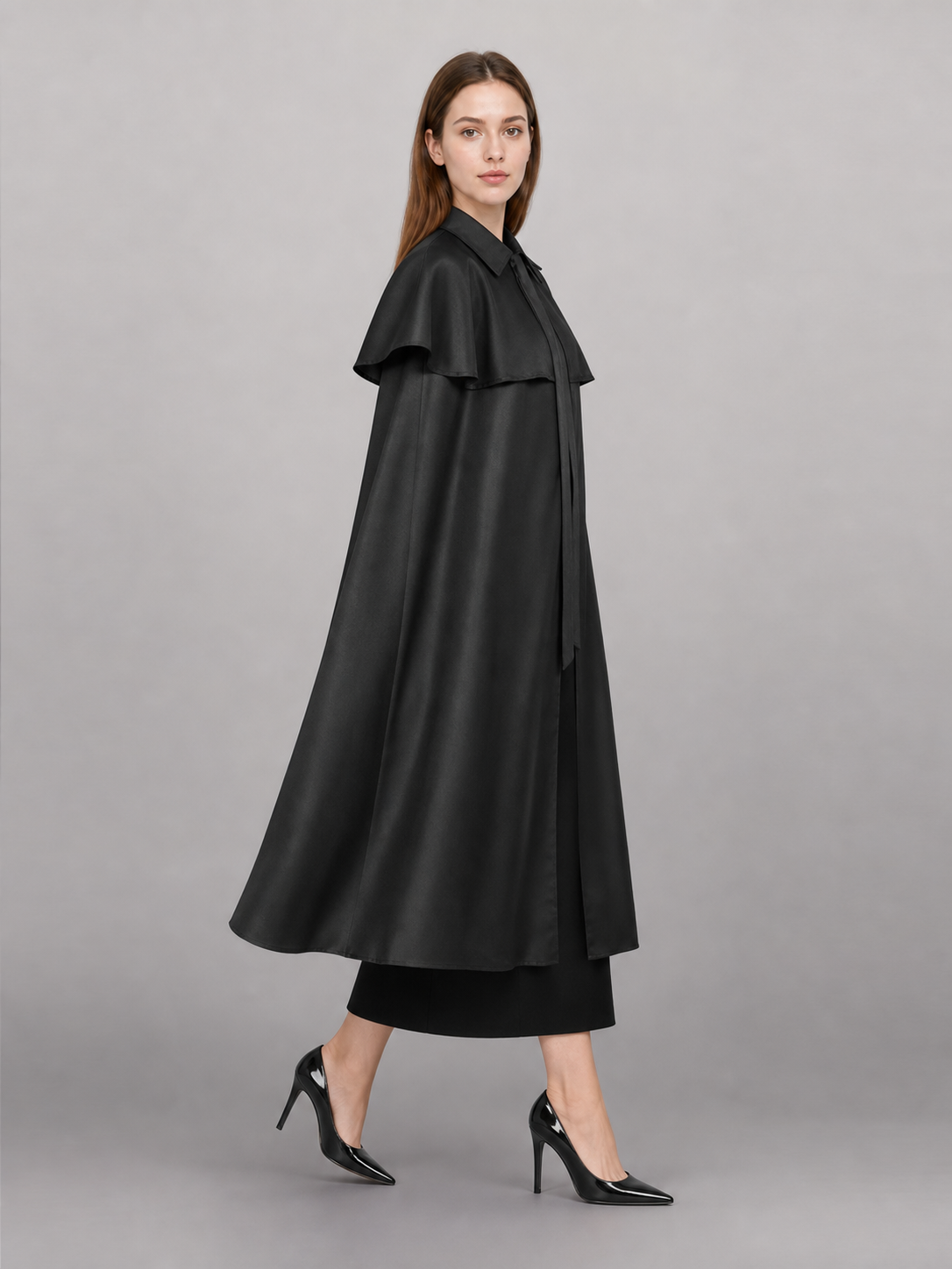 Long Black Carnival Cloak with a Turn-Down Collar