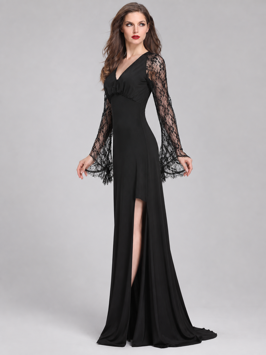Black Long Dress with Lace Sleeves