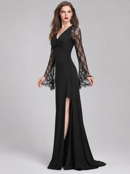 Black Long Dress with Lace Sleeves