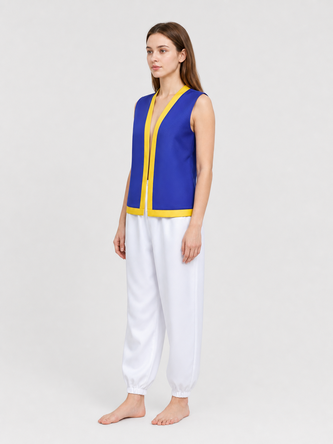 Cosplay costume with vest, pants, and mushroom hat