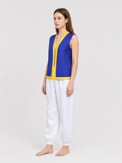 Cosplay costume with vest, pants, and mushroom hat