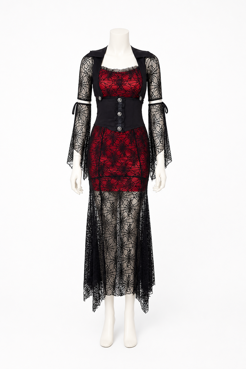 Red and Black Dress with Batwing Sleeves and Spiderweb Pattern side view