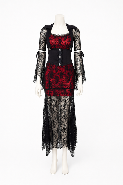 Red and Black Dress with Batwing Sleeves and Spiderweb Pattern side view